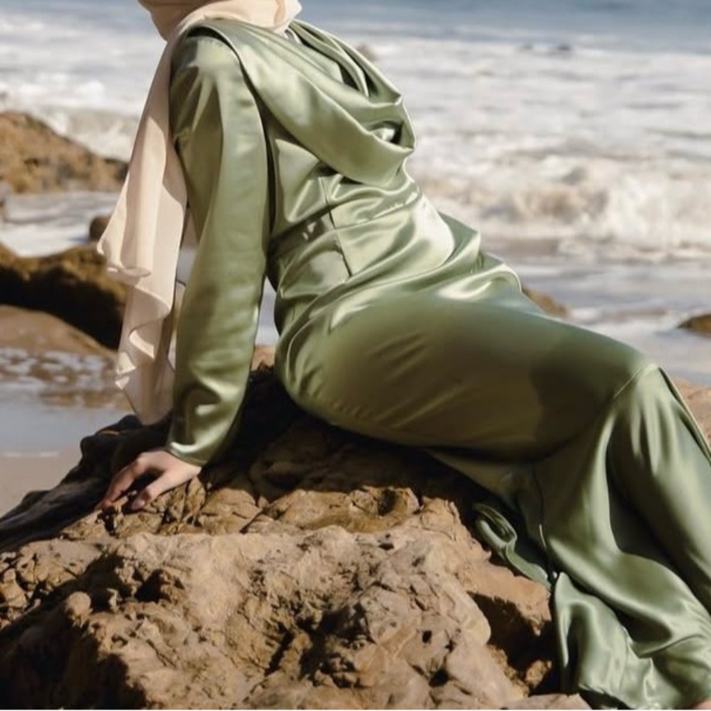 Elegant Satin Green Dress with Attached Scarf